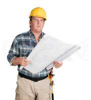 Male Contractor With House Plans Wearing Hard Hat Isolated on Wh