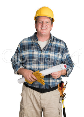 Male Contractor With House Plans Wearing Hard Hat Isolated on Wh