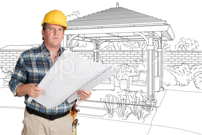 Male Contractor With House Plans Wearing Hard Hat In Front of Cu