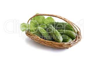 Basket with cucumbers on a white background.