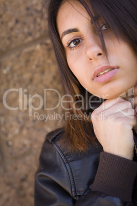 Beautiful Meloncholy Mixed Race Young Woman Portrait Outside.