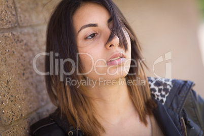 Beautiful Meloncholy Mixed Race Young Woman Portrait Outside.