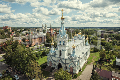Riga City white and blue Church, Cathedral Summer time Drone