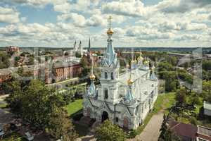 Riga City white and blue Church, Cathedral Summer time Drone
