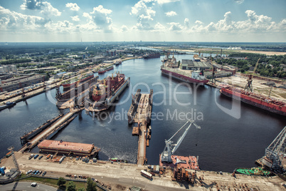 Shipyard Riga City Daugava river from above