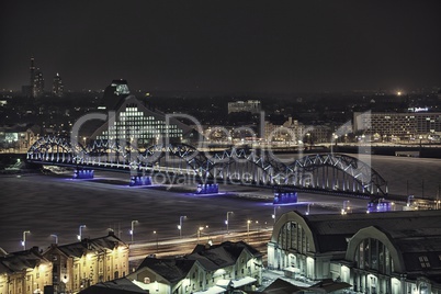 Riga city night drone flight