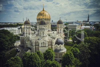 Riga City white and blue Church, Cathedral Summer time Drone