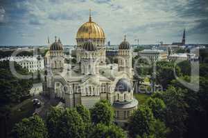 Riga City white and blue Church, Cathedral Summer time Drone