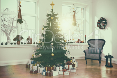 3d render of a nordic living room with christmas tree - retro lo