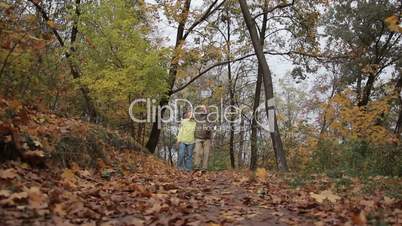 Senior couple taking a walk in park during autumn.