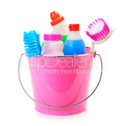 set of household chemicals, bucket and brushes for cleaning isol