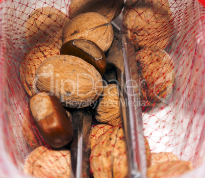 hazelnuts and walnuts in a red net container
