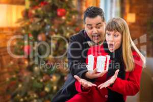 Mixed Race Couple Sharing Christmas In Front of Decorated Tree.