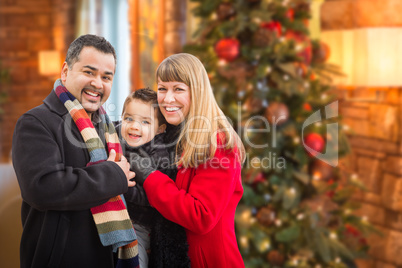 Young Mixed Race Family Portrait In Front of Christmas Tree Indo