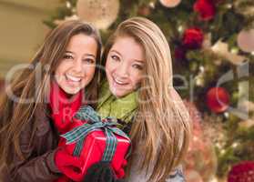 Mixed Race Young Adult Females Holding A Christmas Gift In Front