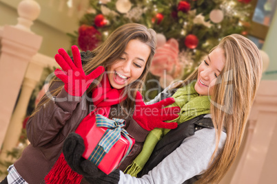 Mixed Race Young Adult Females Exchanging A Christmas Gift In Fr