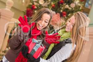 Mixed Race Young Adult Females Exchanging A Christmas Gift In Fr