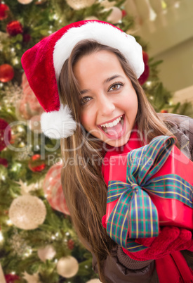 Girl Wearing A Christmas Santa Hat with Bow Wrapped Gift In Fron