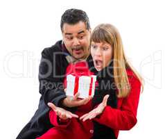 Mixed Race Couple Exchanging Christmas Gift Isolated on White