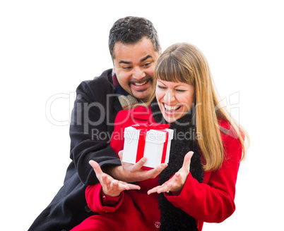 Mixed Race Couple Exchanging Christmas Gift Isolated on White