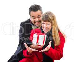 Mixed Race Couple Exchanging Christmas Gift Isolated on White