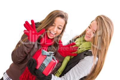 Mixed Race Young Adult Females Holding A Christmas Gift Isolated