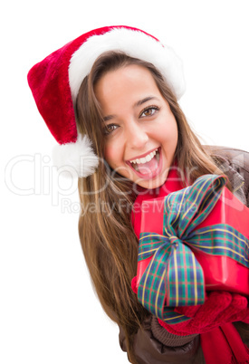 Girl Wearing A Christmas Santa Hat with Bow Wrapped Gift Iisolat