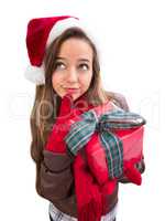 Thinking Girl Wearing A Christmas Santa Hat with Bow Wrapped Gif