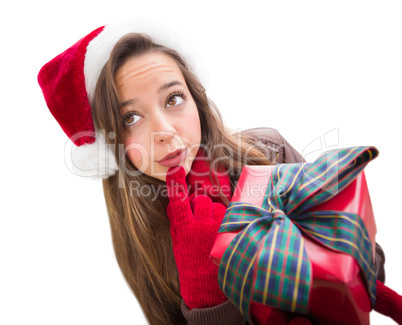 Thinking Girl Wearing A Christmas Santa Hat with Bow Wrapped Gif