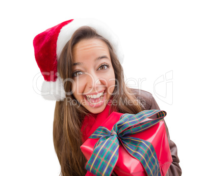 Girl Wearing A Christmas Santa Hat with Bow Wrapped Gift Iisolat