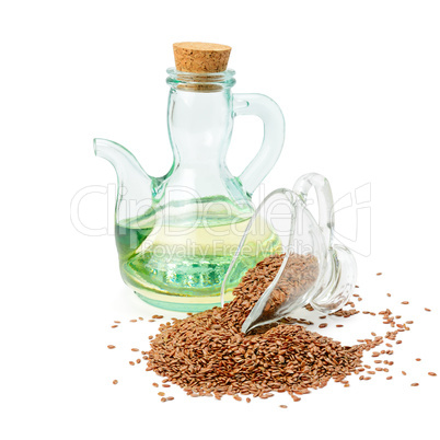 flax seeds and oil isolated on white