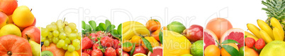 Panoramic collection fresh fruits isolated on white background.