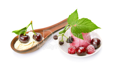 Fruit icecream and cherry isolated on white background