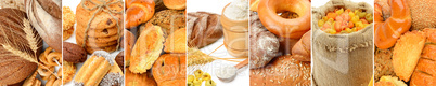 Panoramic collage set of bread products.