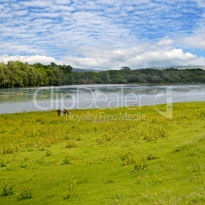 Plain river, meadow and sky