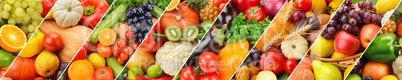 Panoramic collection fresh fruits and vegetables background.