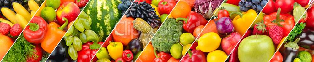 Panoramic collection fresh fruits and vegetables background.