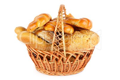 Bread in a wicker basket isolated on a white background