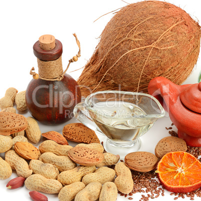 Set of seeds, nuts and vegetable oils, isolated on white