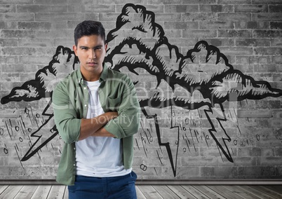 frustrated man with storm on wall