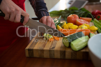 Mid section of woman cutting vegetable in kitchen