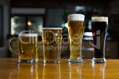 Close-up of beer glasses on the counter