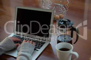 Woman using laptop in kitchen