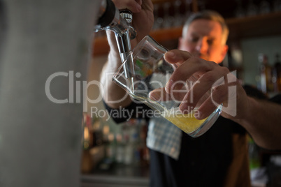 Brewer filling beer in beer glass from beer pump