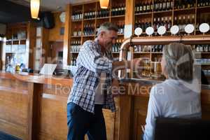 Two friends toasting glass of beer at counter in bar