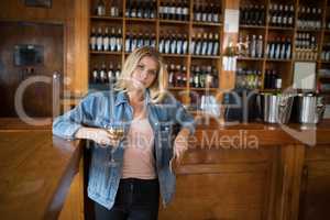 Beautiful woman holding glass of wine and mobile phone at counter