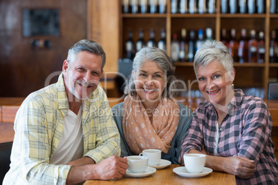 Smiling senior friends having cup of tea in restaurant