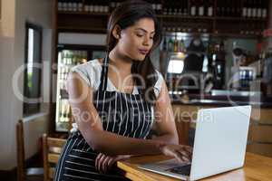 Waitress using laptop in cafe