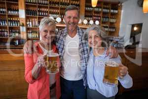 Smiling senior friends holding glass of beer in bar