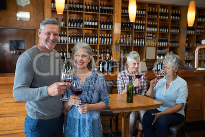 Group of senior friends having red wine